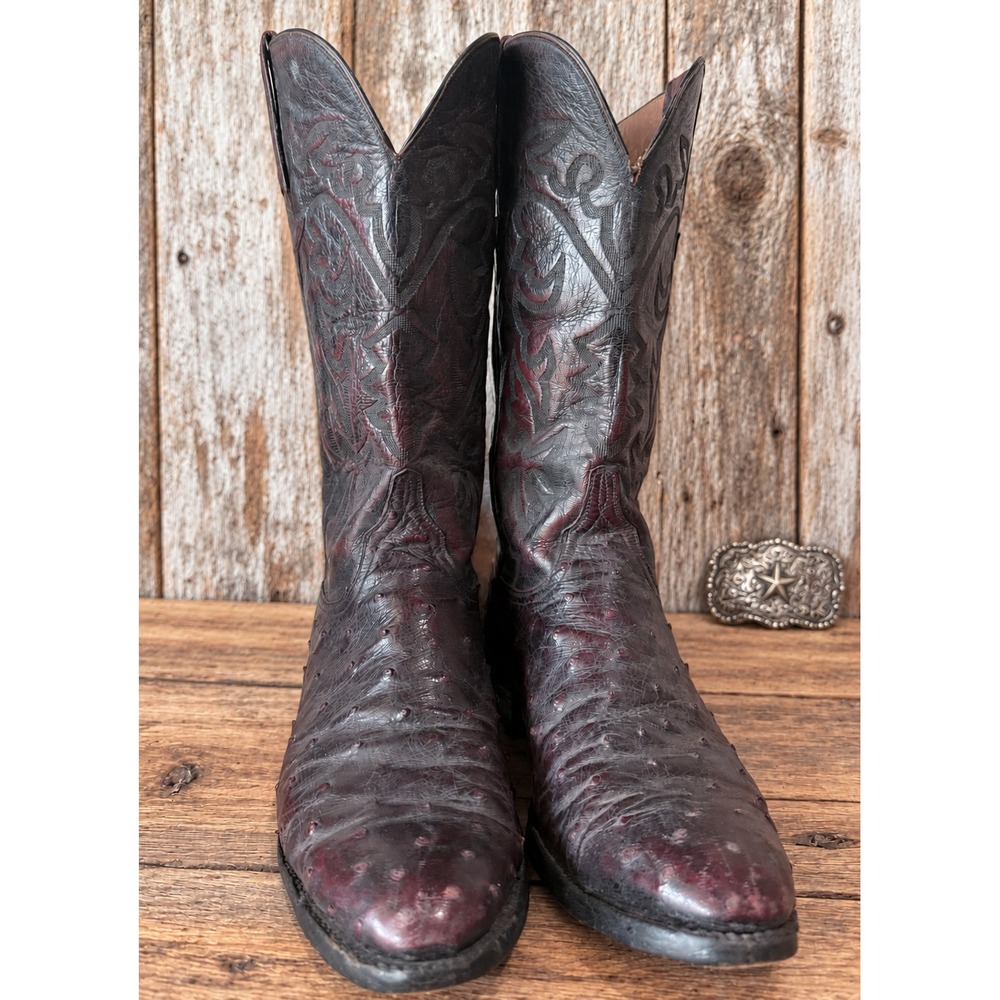 Lucchese Classics Ostrich Cowboy Boots Black Cherry Full Quill Mens 10.5 D